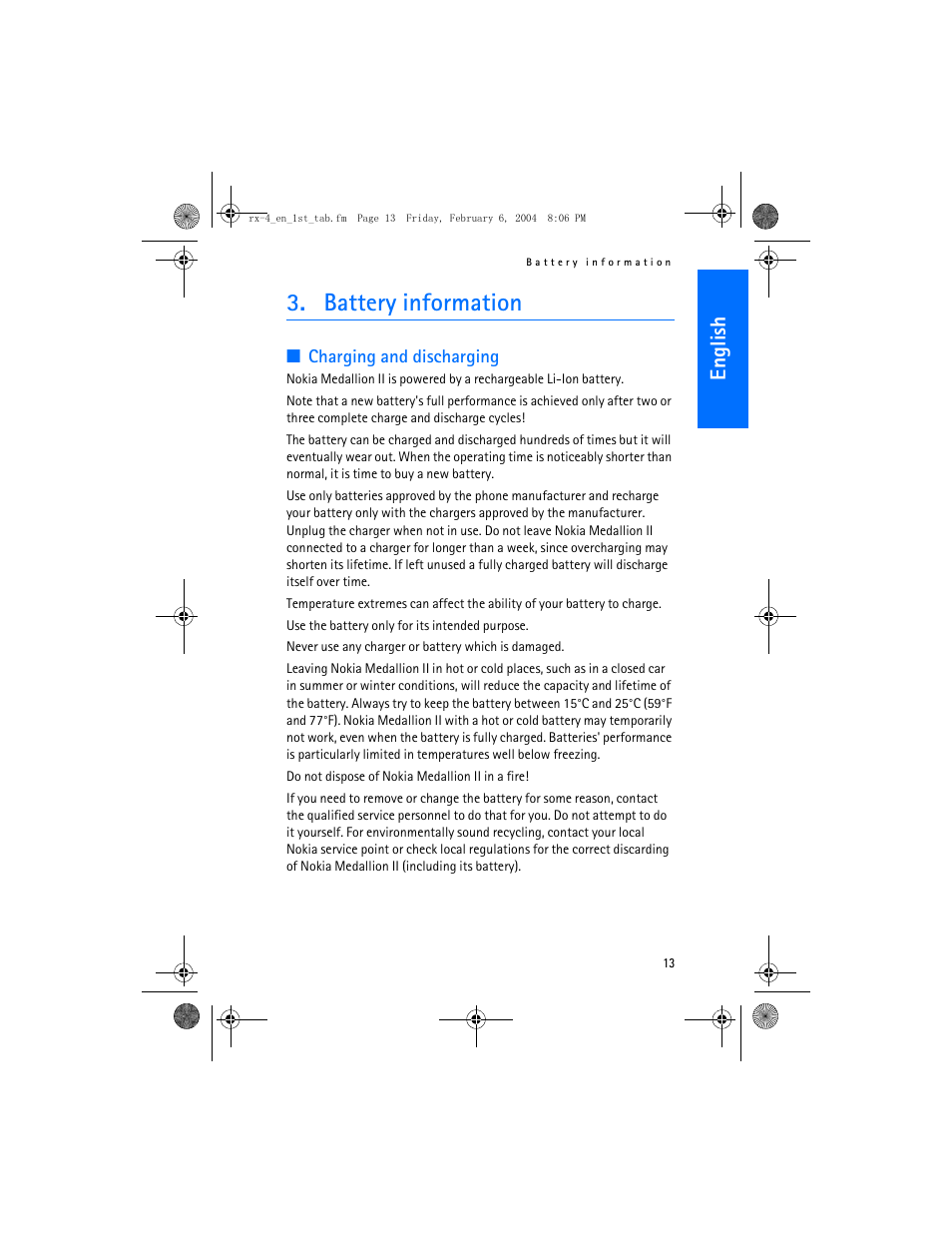 Battery information, En gl ish | Nokia Medallion II User Manual | Page 13 / 14
