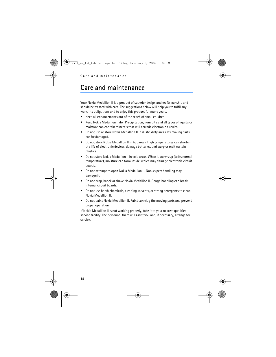 Care and maintenance | Nokia Medallion II User Manual | Page 14 / 14