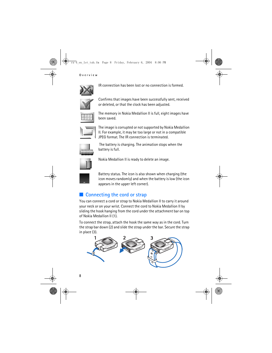 Connecting the cord or strap | Nokia Medallion II User Manual | Page 8 / 14