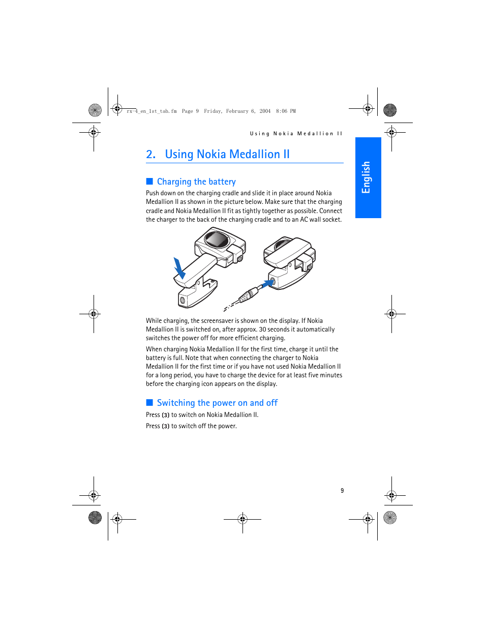 Using nokia medallion ii, En gl ish | Nokia Medallion II User Manual | Page 9 / 14