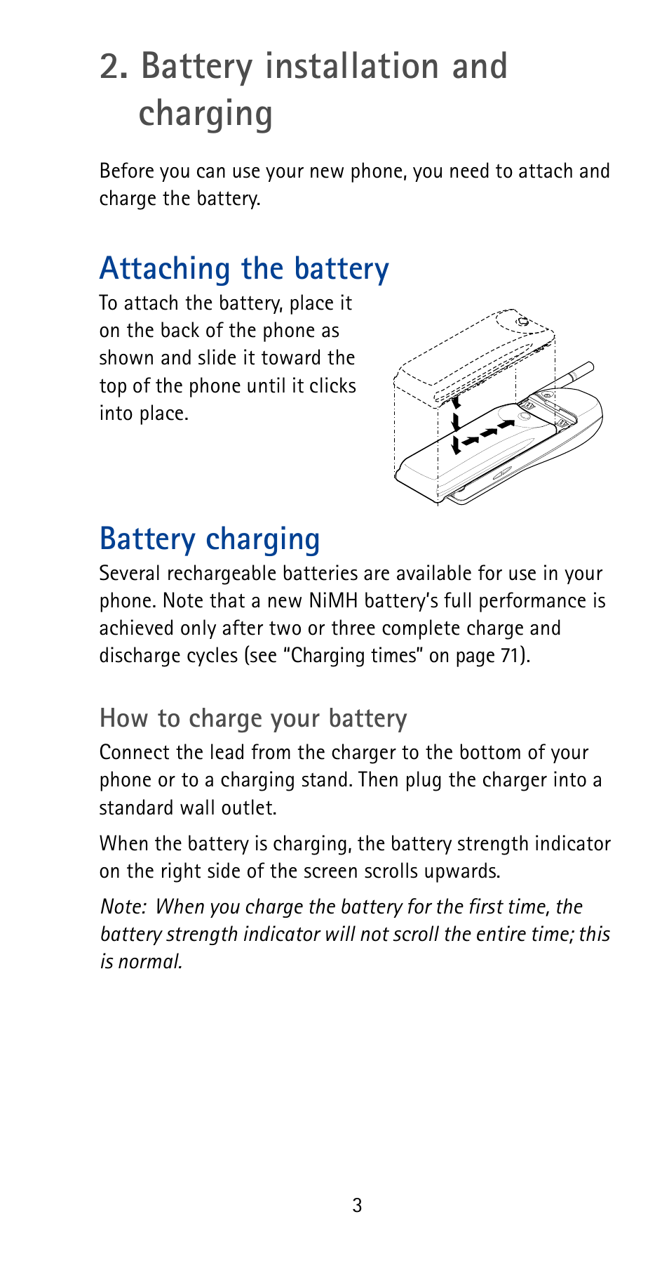 Battery installation and charging, Attaching the battery, Battery charging | Nokia 5185i User Manual | Page 10 / 97