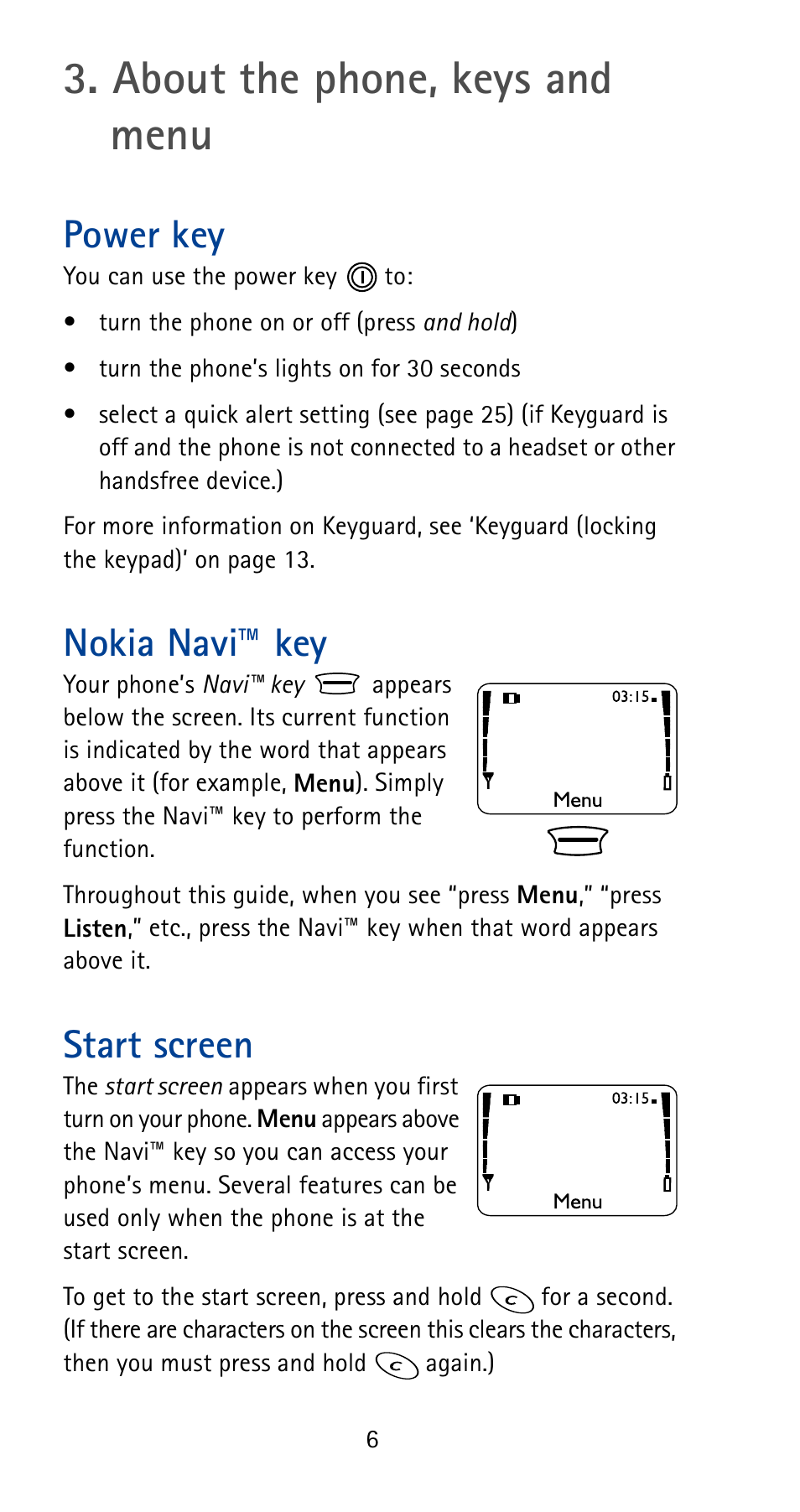 About the phone, keys and menu, Power key, Nokia navi™ key | Start screen, See p. 6, Power key nokia navi™ key start screen | Nokia 5185i User Manual | Page 13 / 97