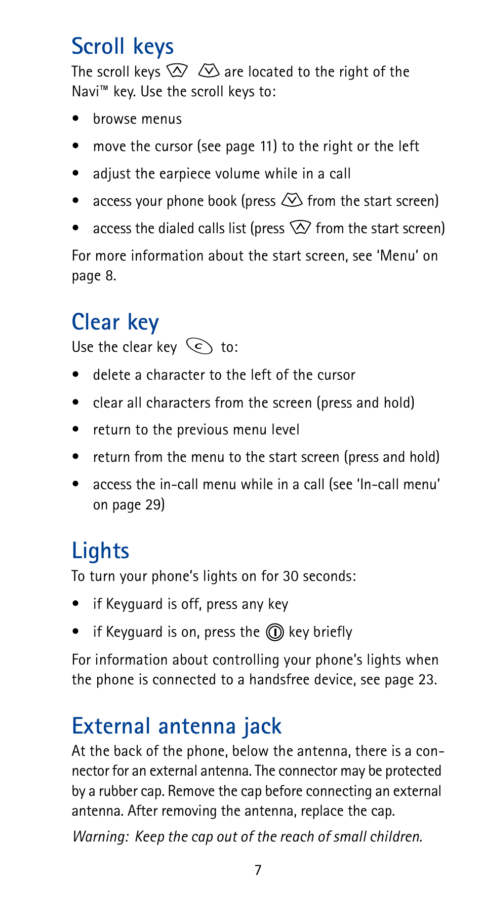 Scroll keys, Clear key, Lights | External antenna jack, See p. 7, Scroll keys clear key lights external antenna jack | Nokia 5185i User Manual | Page 14 / 97