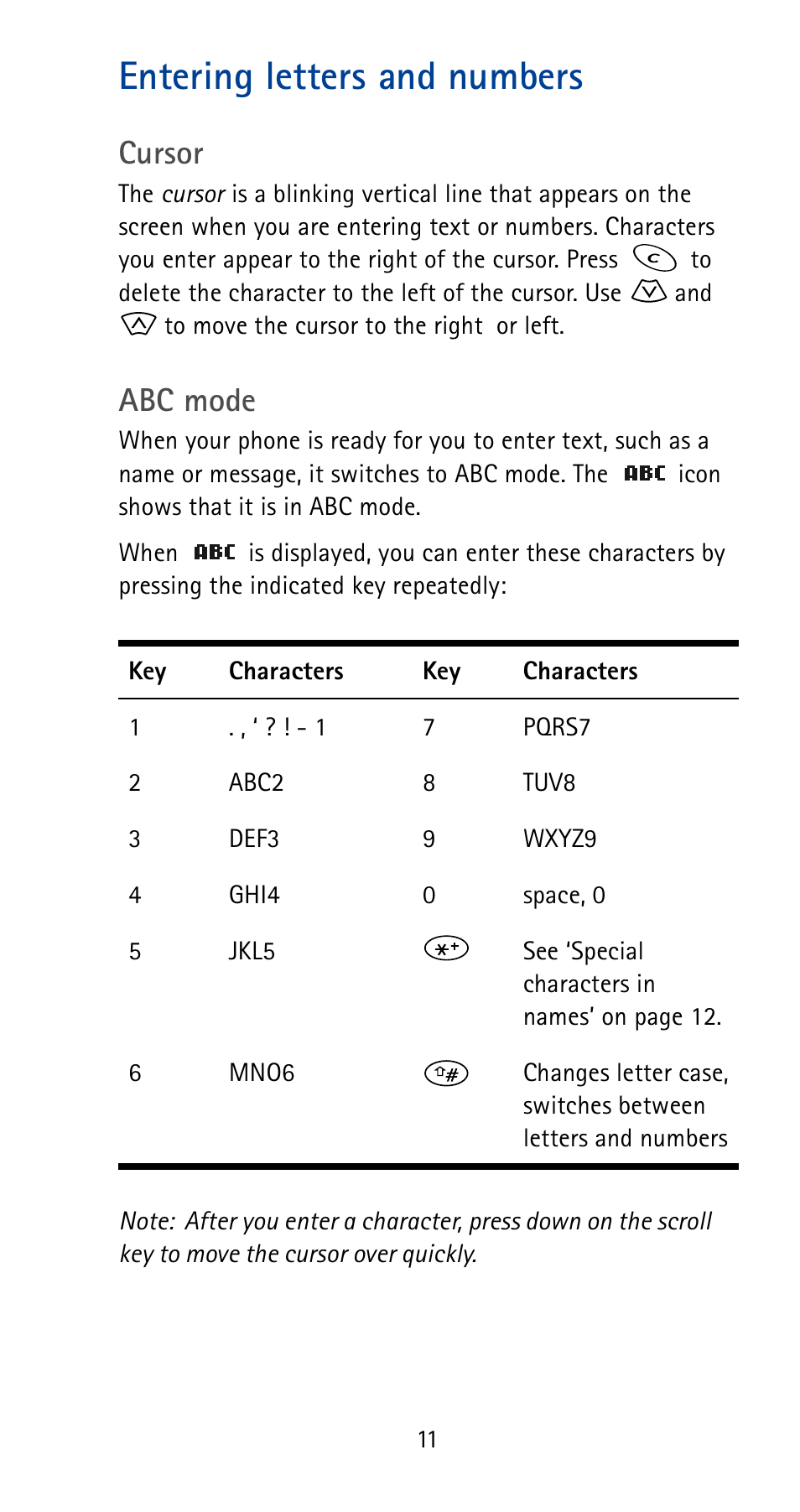 Entering letters and numbers, See p. 11, Cursor | Abc mode | Nokia 5185i User Manual | Page 18 / 97