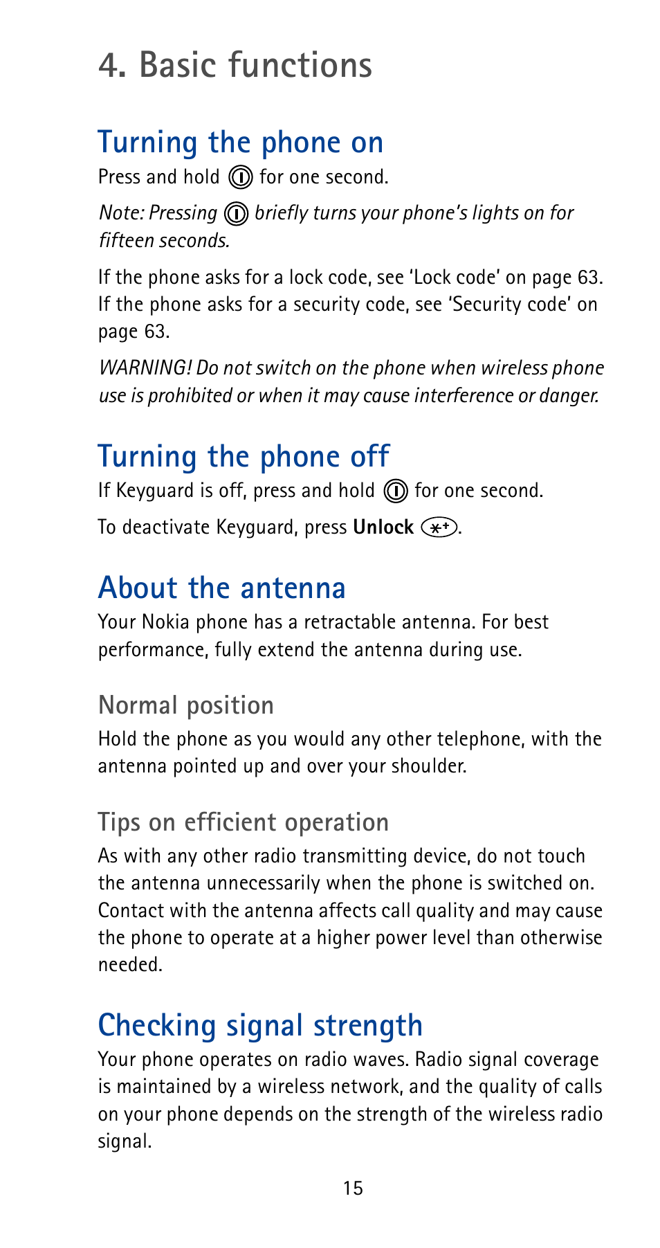 Basic functions, Turning the phone on, Turning the phone off | About the antenna, Checking signal strength, See p. 15 | Nokia 5185i User Manual | Page 22 / 97