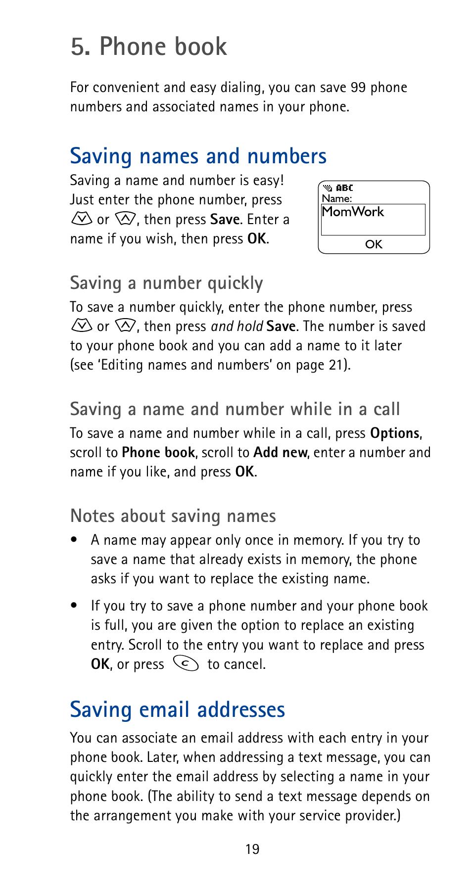 Phone book, Saving names and numbers, Saving email addresses | Saving names and numbers saving email addresses | Nokia 5185i User Manual | Page 26 / 97