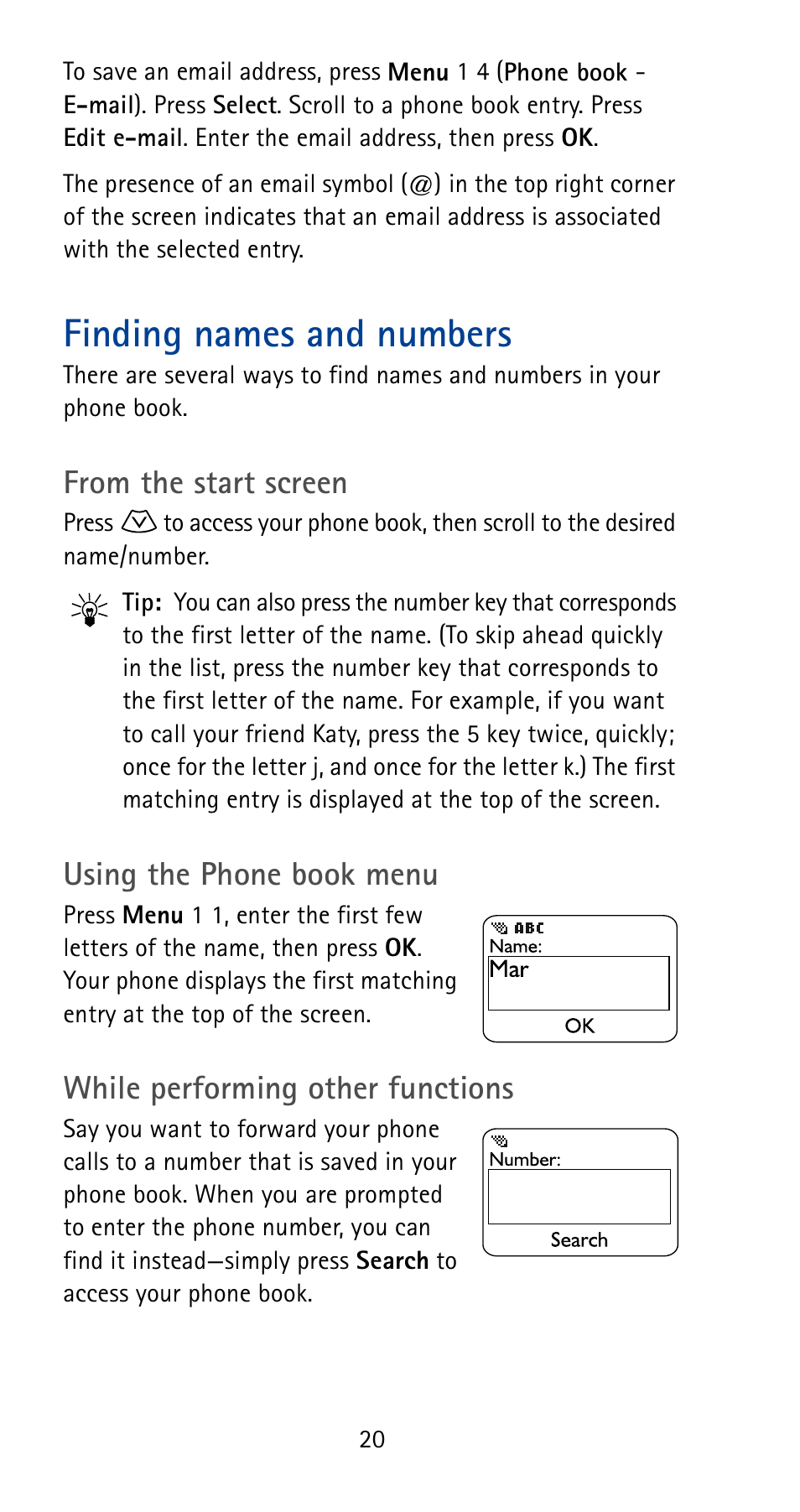 Finding names and numbers, Using the phone book menu, While performing other functions | Nokia 5185i User Manual | Page 27 / 97