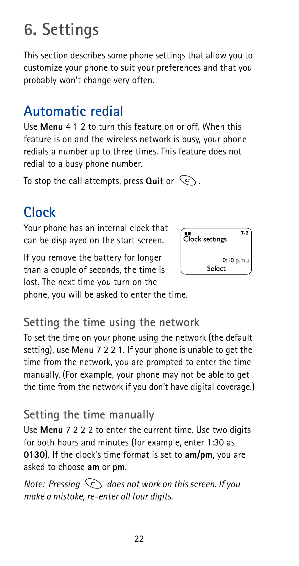 Settings, Automatic redial, Clock | Automatic redial clock | Nokia 5185i User Manual | Page 29 / 97