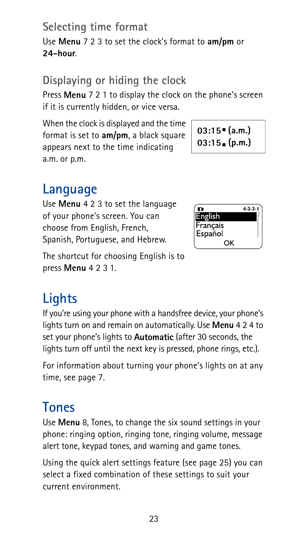 Language, Lights, Tones | Language lights tones | Nokia 5185i User Manual | Page 30 / 97