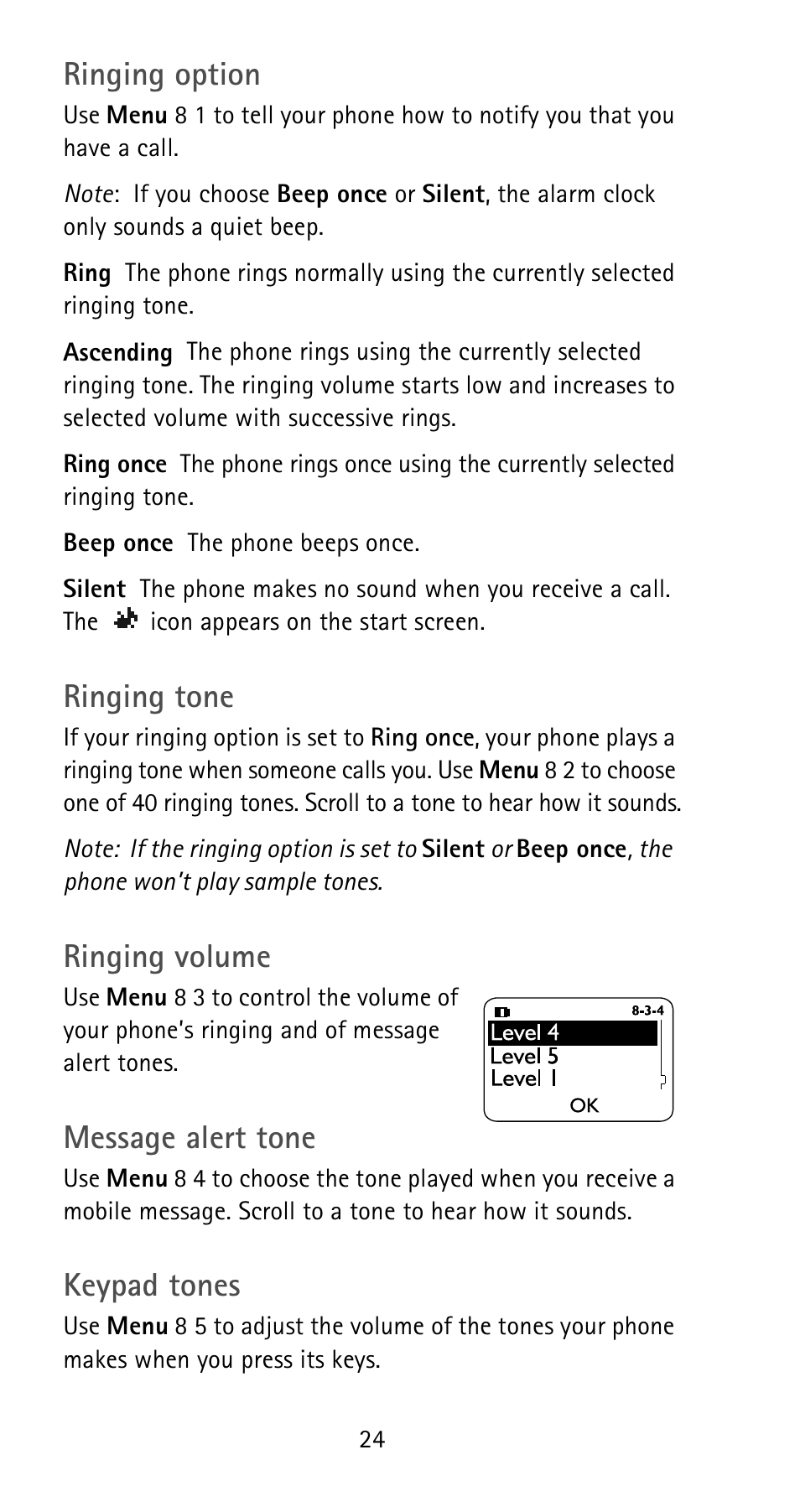 Ringing option, Ringing tone, Ringing volume | Message alert tone, Keypad tones | Nokia 5185i User Manual | Page 31 / 97