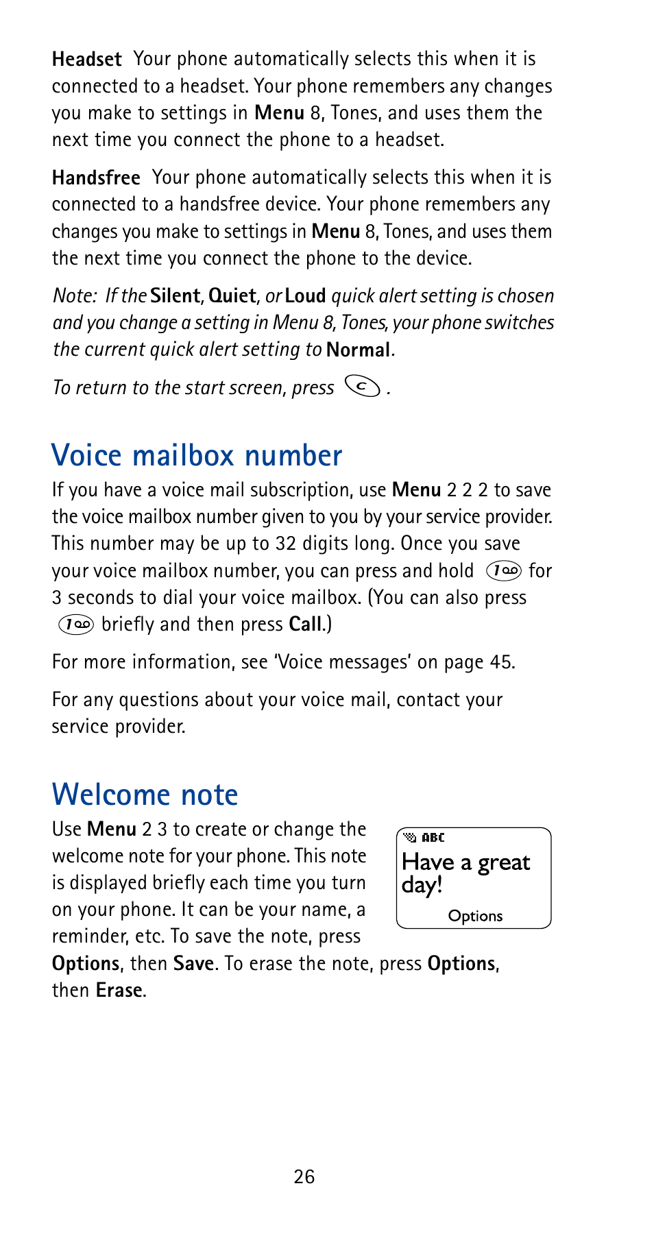 Voice mailbox number, Welcome note, Voice mailbox number welcome note | Nokia 5185i User Manual | Page 33 / 97