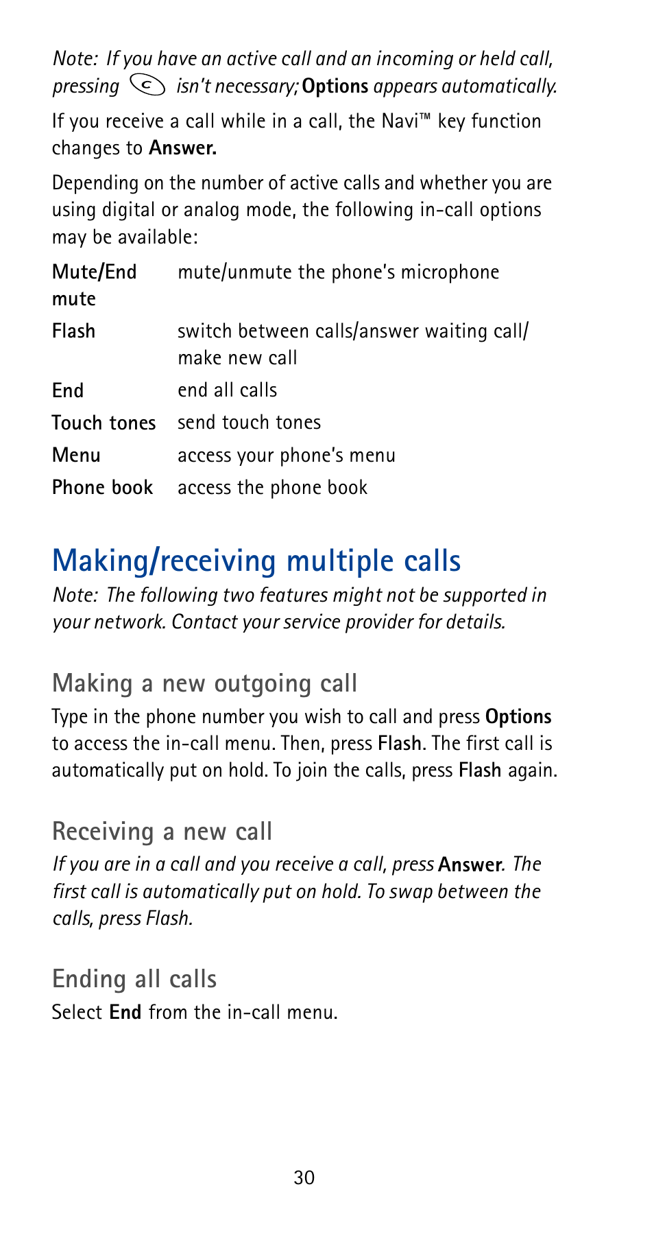 Making/receiving multiple calls, Entering text into a message, Making a new outgoing call | Receiving a new call, Ending all calls | Nokia 5185i User Manual | Page 37 / 97