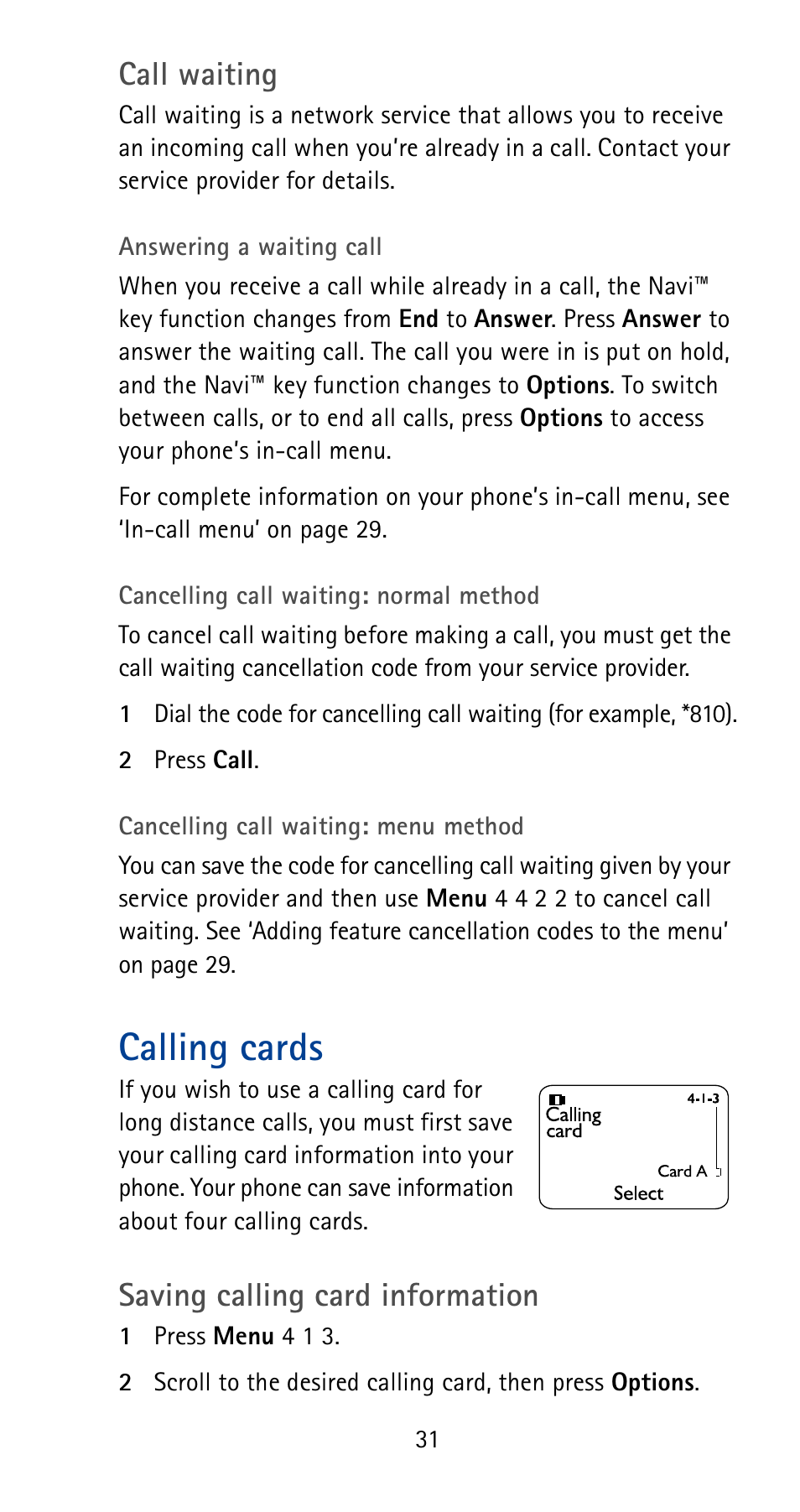 Calling cards, Call waiting, Saving calling card information | Nokia 5185i User Manual | Page 38 / 97