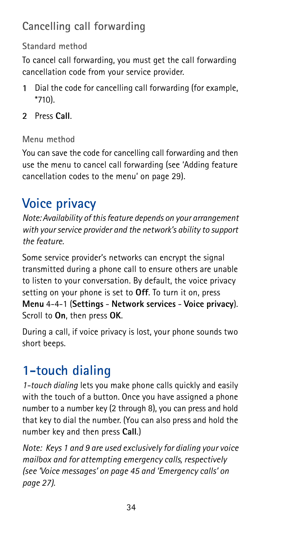 Voice privacy, Touch dialing, Voice privacy 1-touch dialing | Cancelling call forwarding | Nokia 5185i User Manual | Page 41 / 97