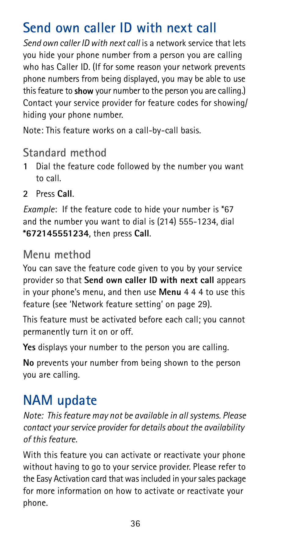 Send own caller id with next call, Nam update, Send own caller id with next call nam update | Standard method, Menu method | Nokia 5185i User Manual | Page 43 / 97