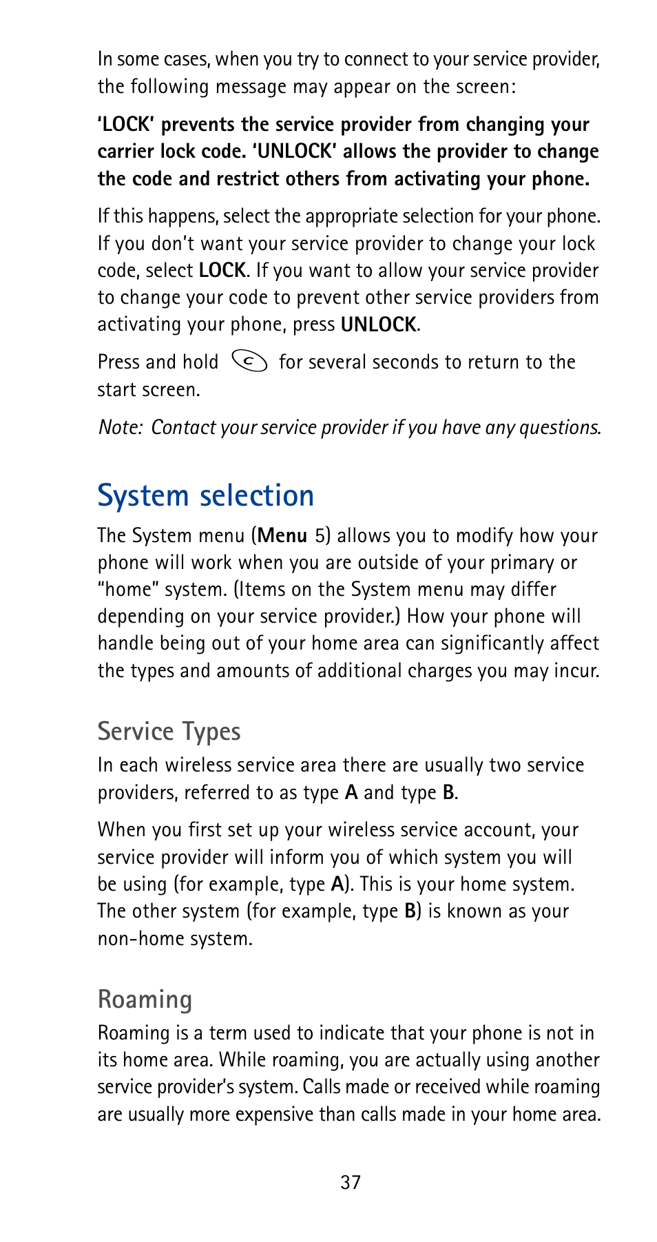 System selection, Service types, Roaming | Nokia 5185i User Manual | Page 44 / 97