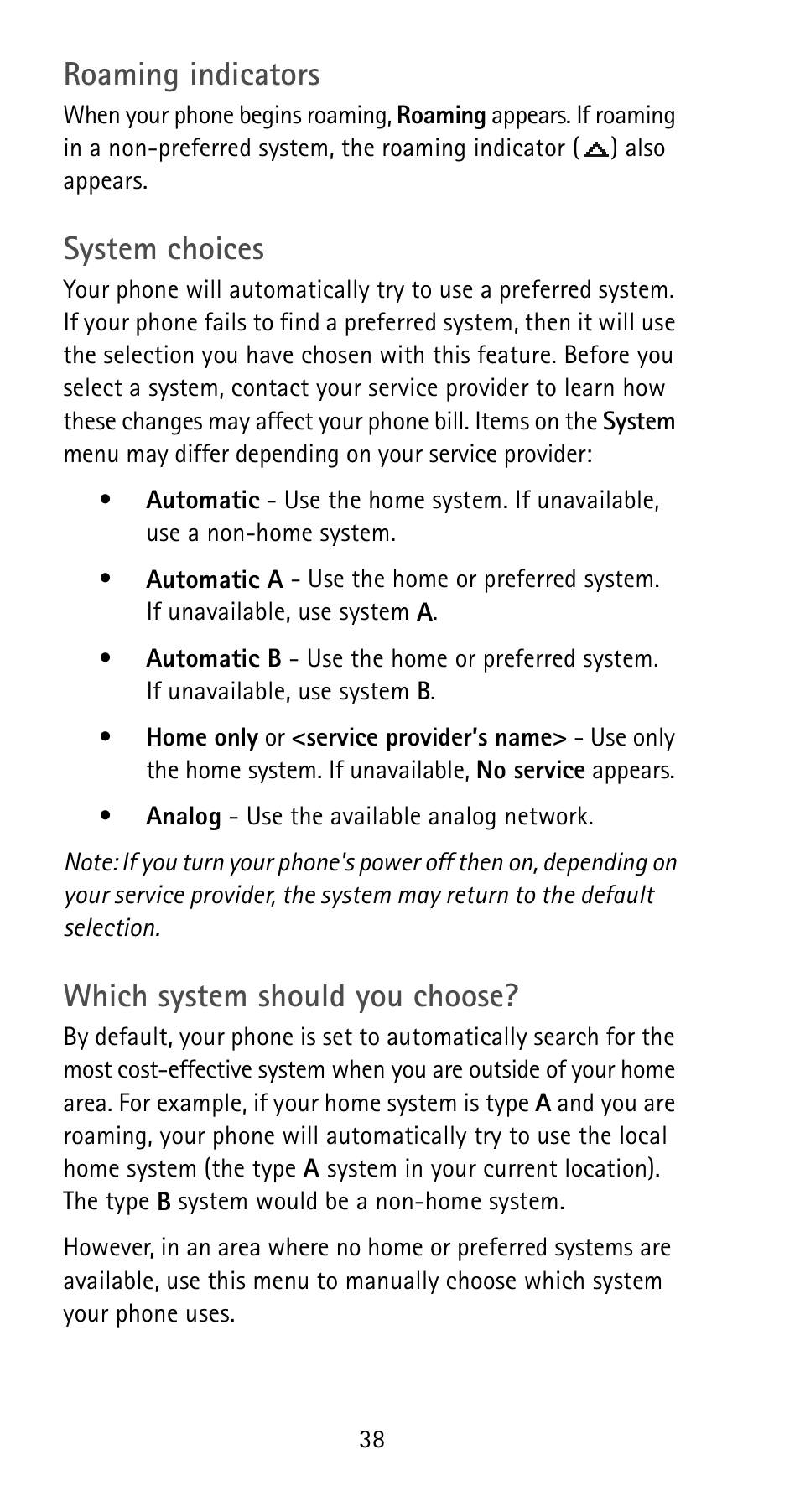 Roaming indicators, System choices, Which system should you choose | Nokia 5185i User Manual | Page 45 / 97