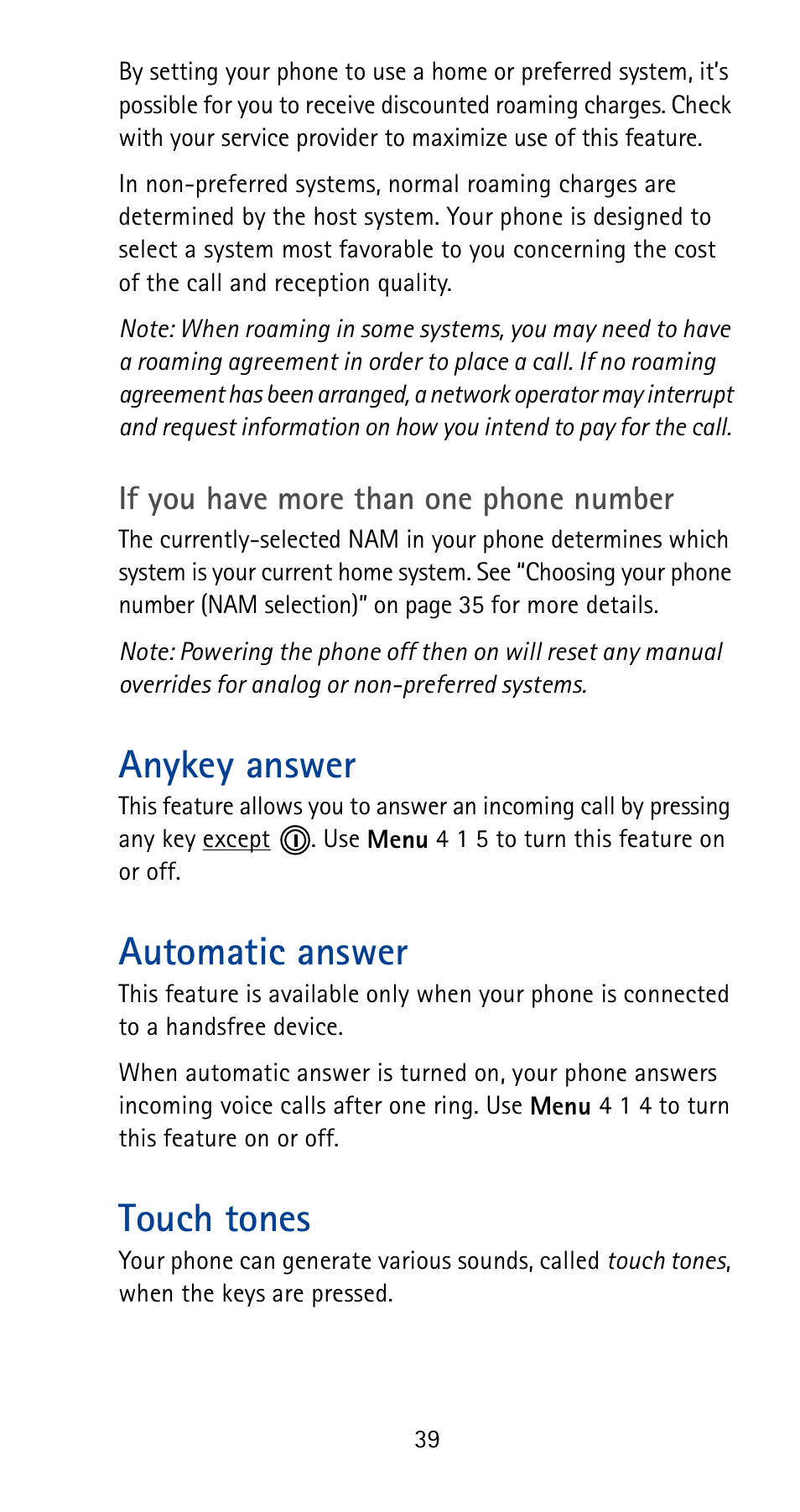 Anykey answer, Automatic answer, Touch tones | Anykey answer automatic answer touch tones | Nokia 5185i User Manual | Page 46 / 97