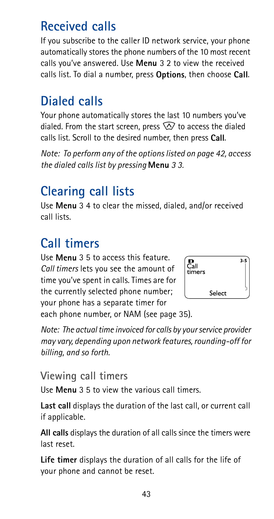 Received calls, Dialed calls, Clearing call lists | Call timers | Nokia 5185i User Manual | Page 50 / 97