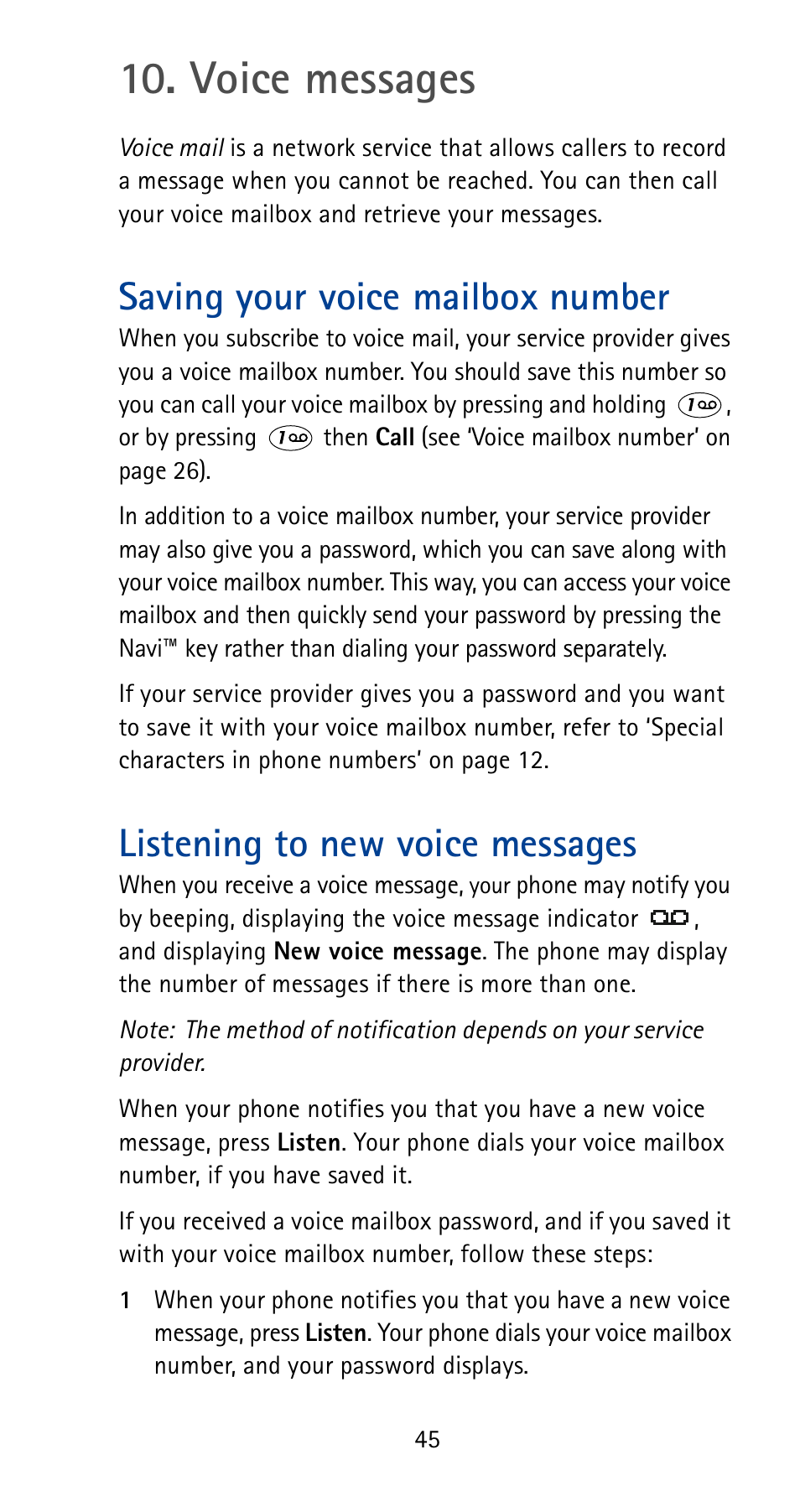 Voice messages, Saving your voice mailbox number, Listening to new voice messages | See p. 45 | Nokia 5185i User Manual | Page 52 / 97