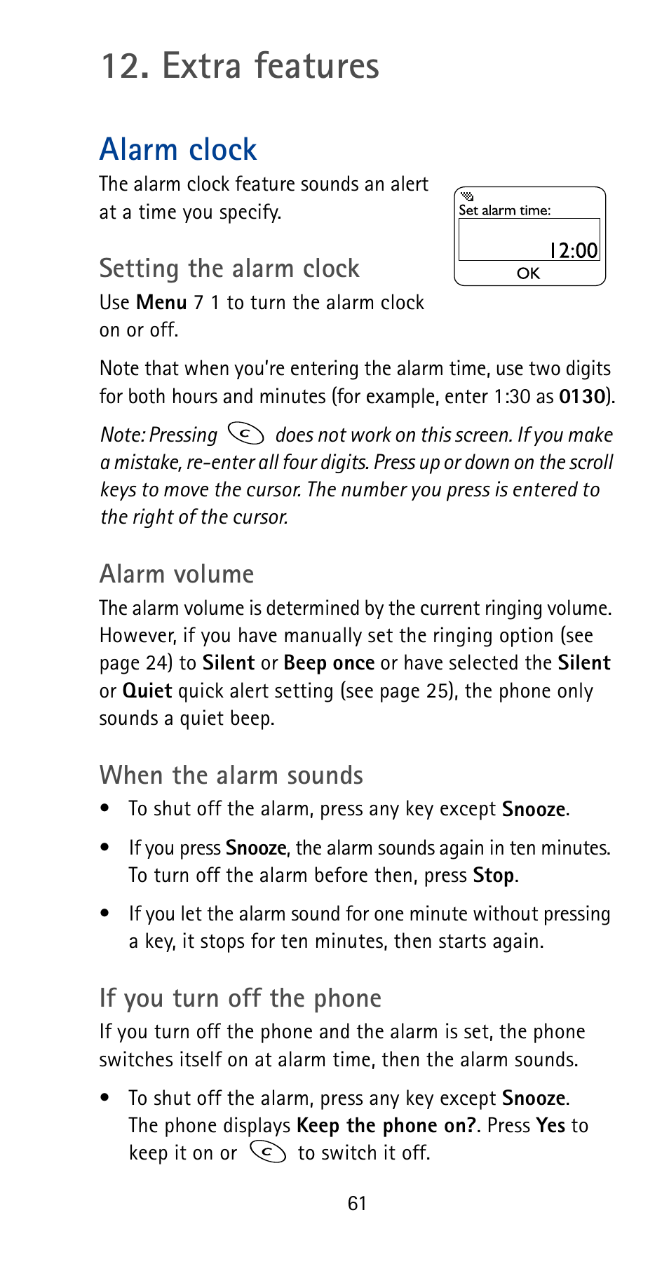 Extra features, Alarm clock, Setting the alarm clock | Alarm volume, When the alarm sounds, If you turn off the phone | Nokia 5185i User Manual | Page 68 / 97