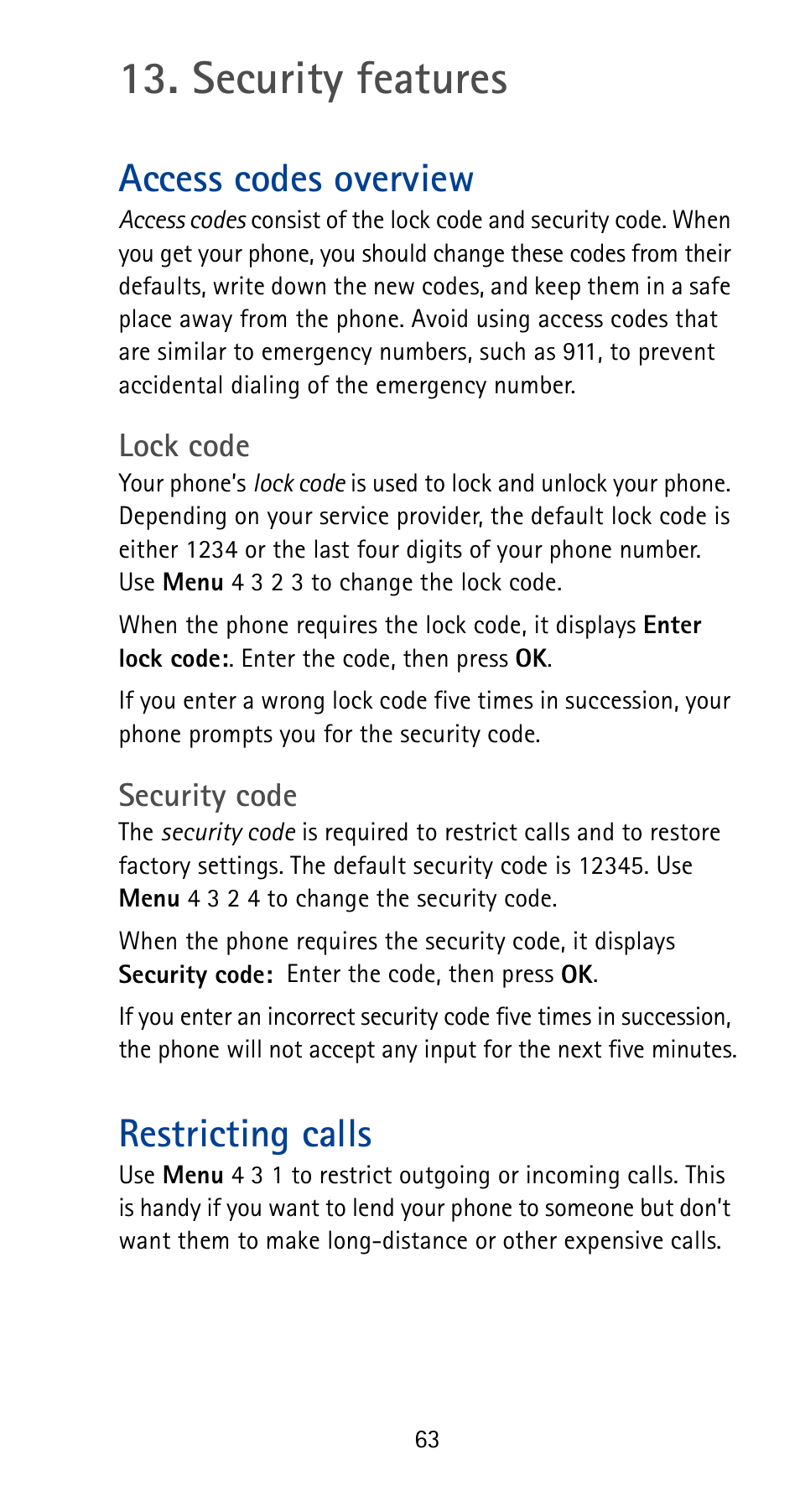 Security features, Access codes overview, Lock code | Security code, Restricting calls, Lock code security code | Nokia 5185i User Manual | Page 70 / 97