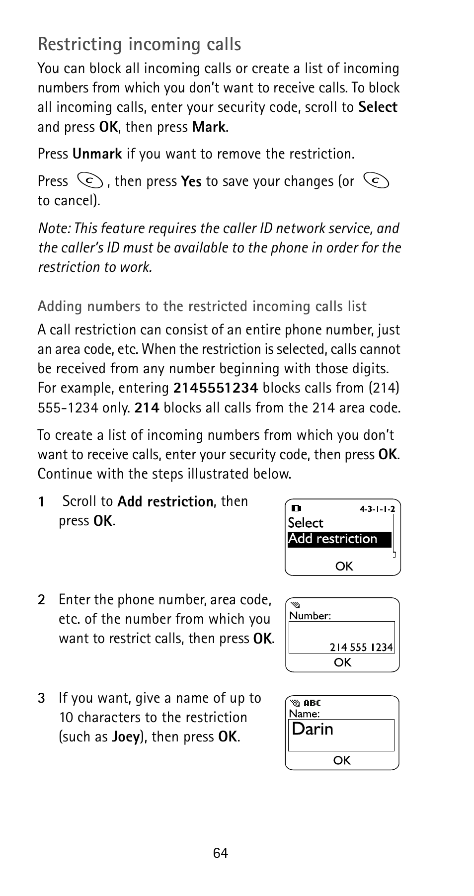 Restricting incoming calls | Nokia 5185i User Manual | Page 71 / 97