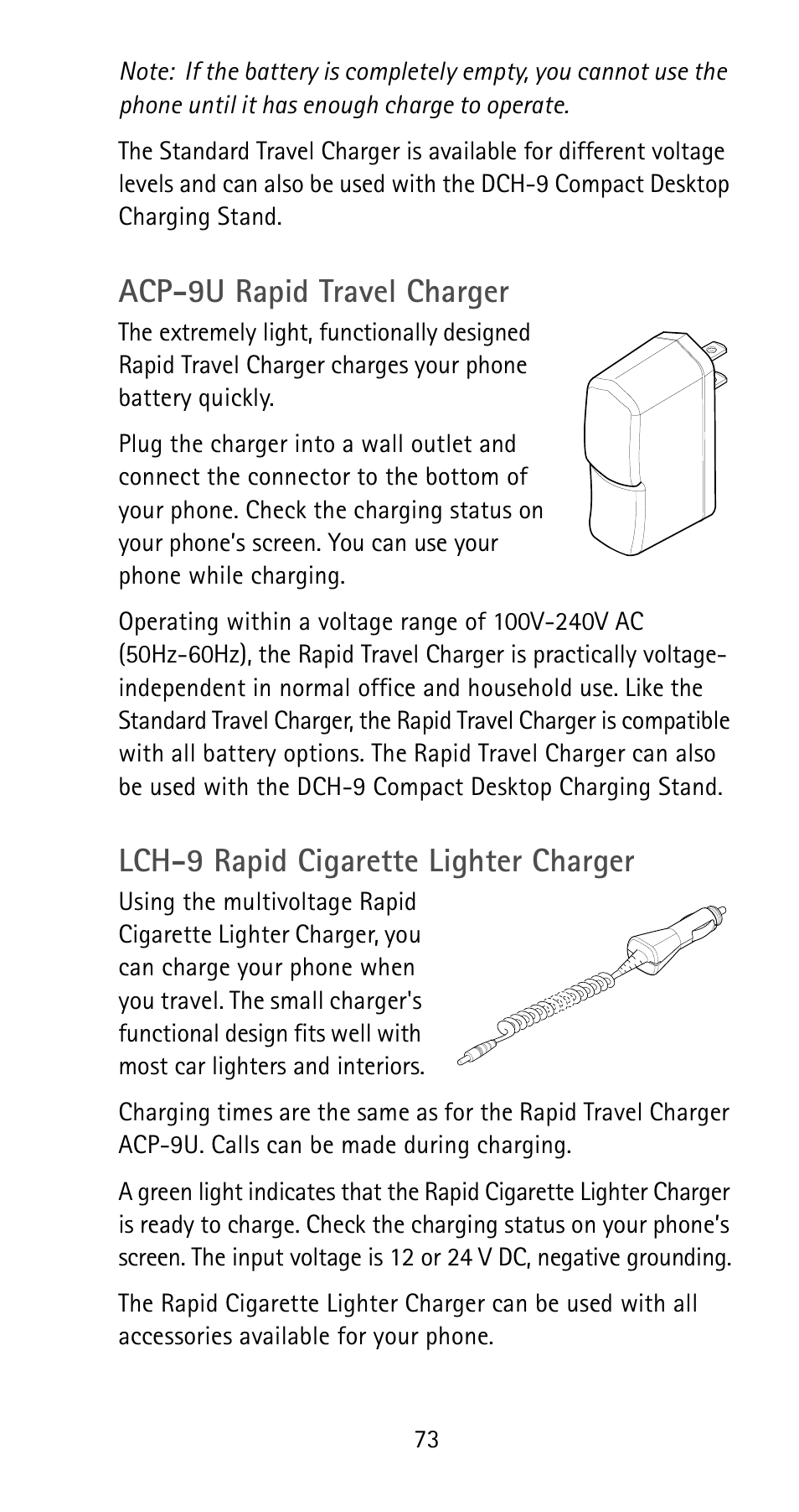 Acp-9u rapid travel charger, Lch-9 rapid cigarette lighter charger | Nokia 5185i User Manual | Page 80 / 97