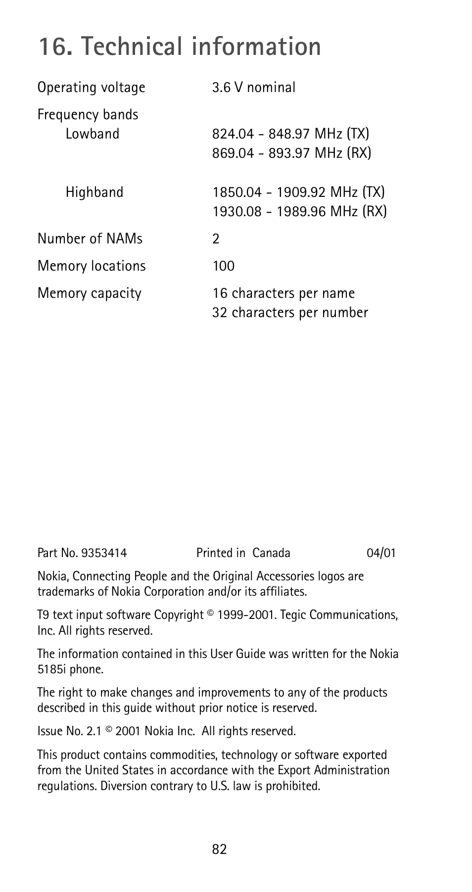 Technical information | Nokia 5185i User Manual | Page 89 / 97