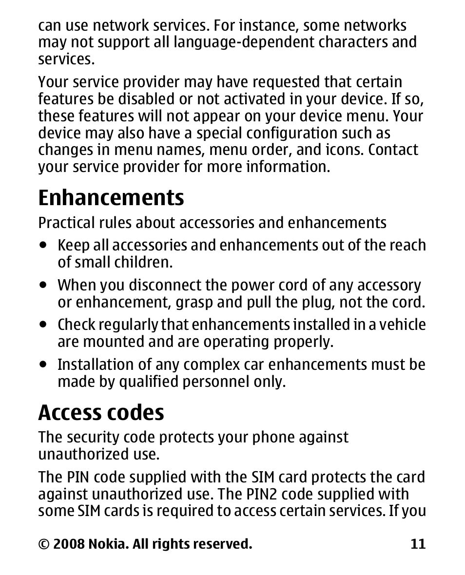 Enhancements, Access codes | Nokia 1680 User Manual | Page 12 / 62