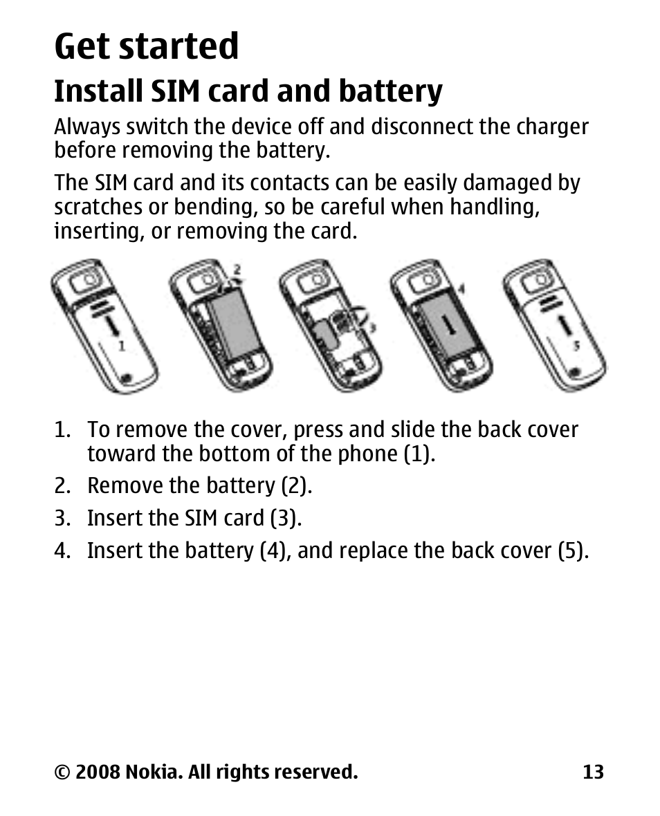 Get started, Install sim card and battery, Install sim card and | Battery | Nokia 1680 User Manual | Page 14 / 62