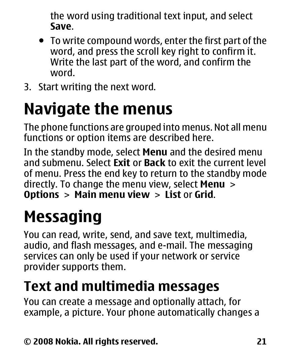 Navigate the menus, Messaging, Text and multimedia messages | Text and multimedia, Messages, Menus, Navigate the | Nokia 1680 User Manual | Page 22 / 62