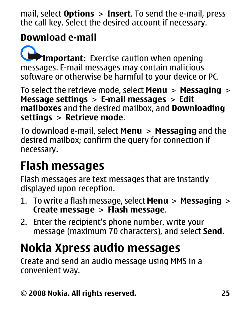 Download e-mail, Flash messages, Nokia xpress audio messages | Nokia xpress audio, Messages | Nokia 1680 User Manual | Page 26 / 62