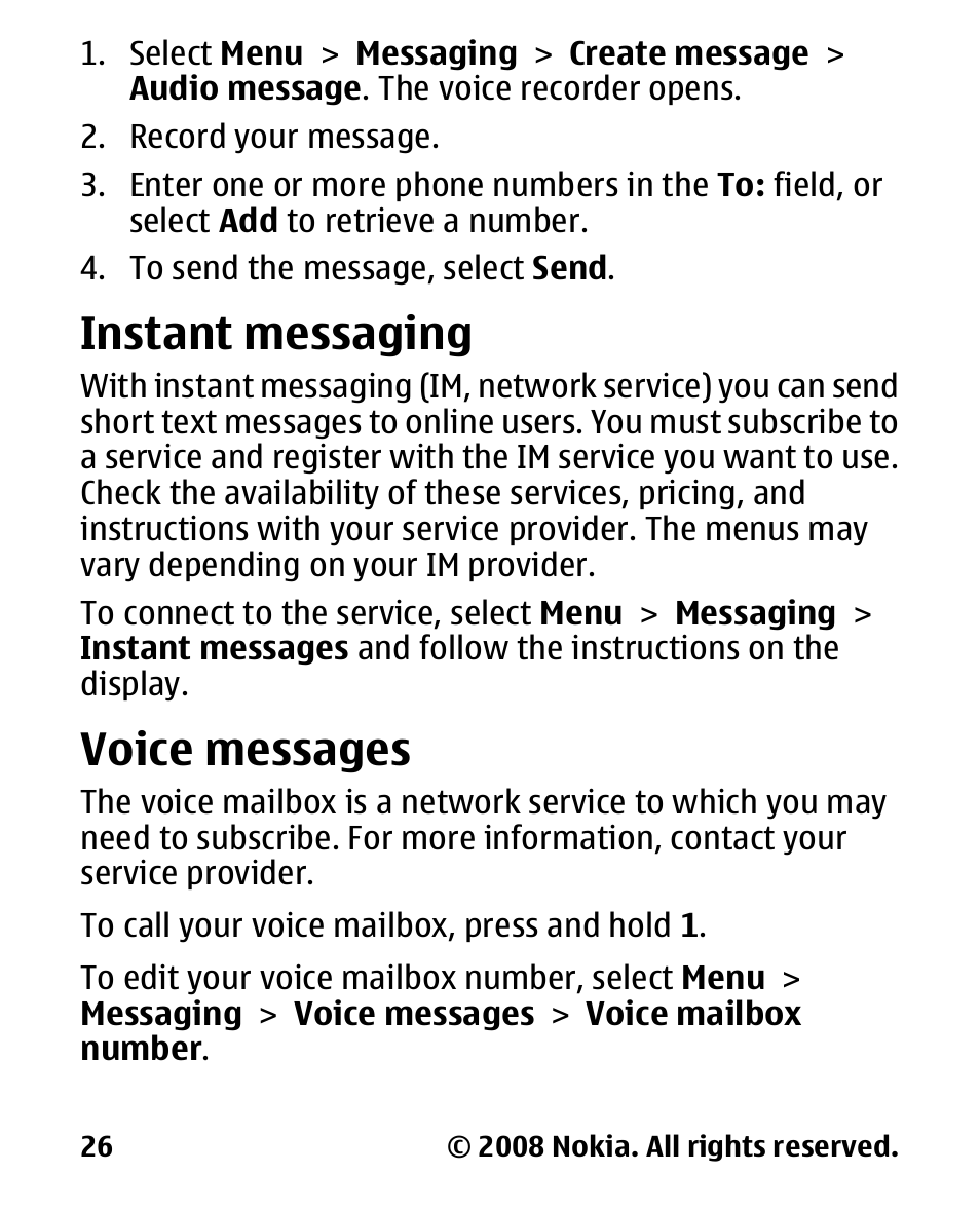 Instant messaging, Voice messages | Nokia 1680 User Manual | Page 27 / 62