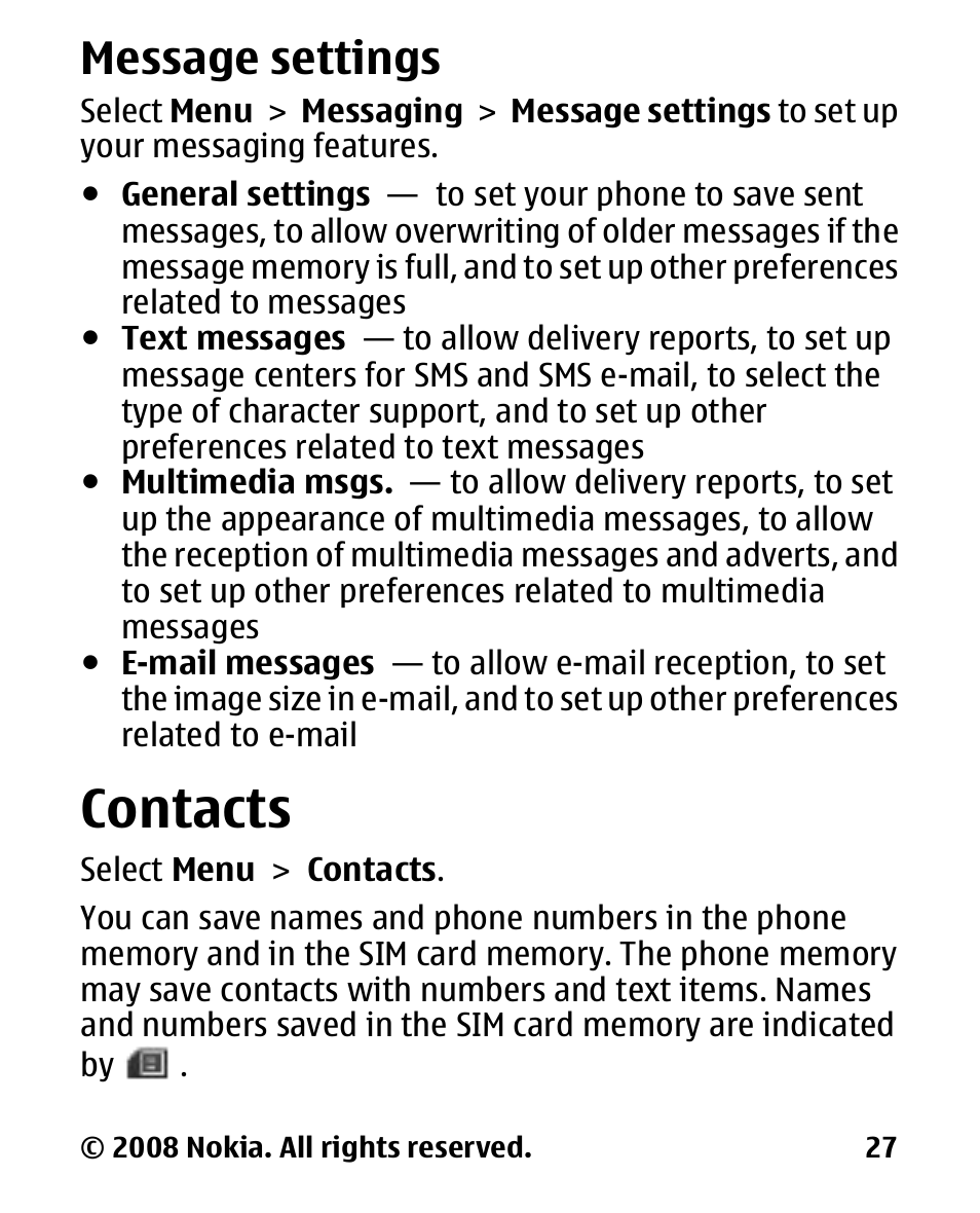 Message settings, Contacts | Nokia 1680 User Manual | Page 28 / 62