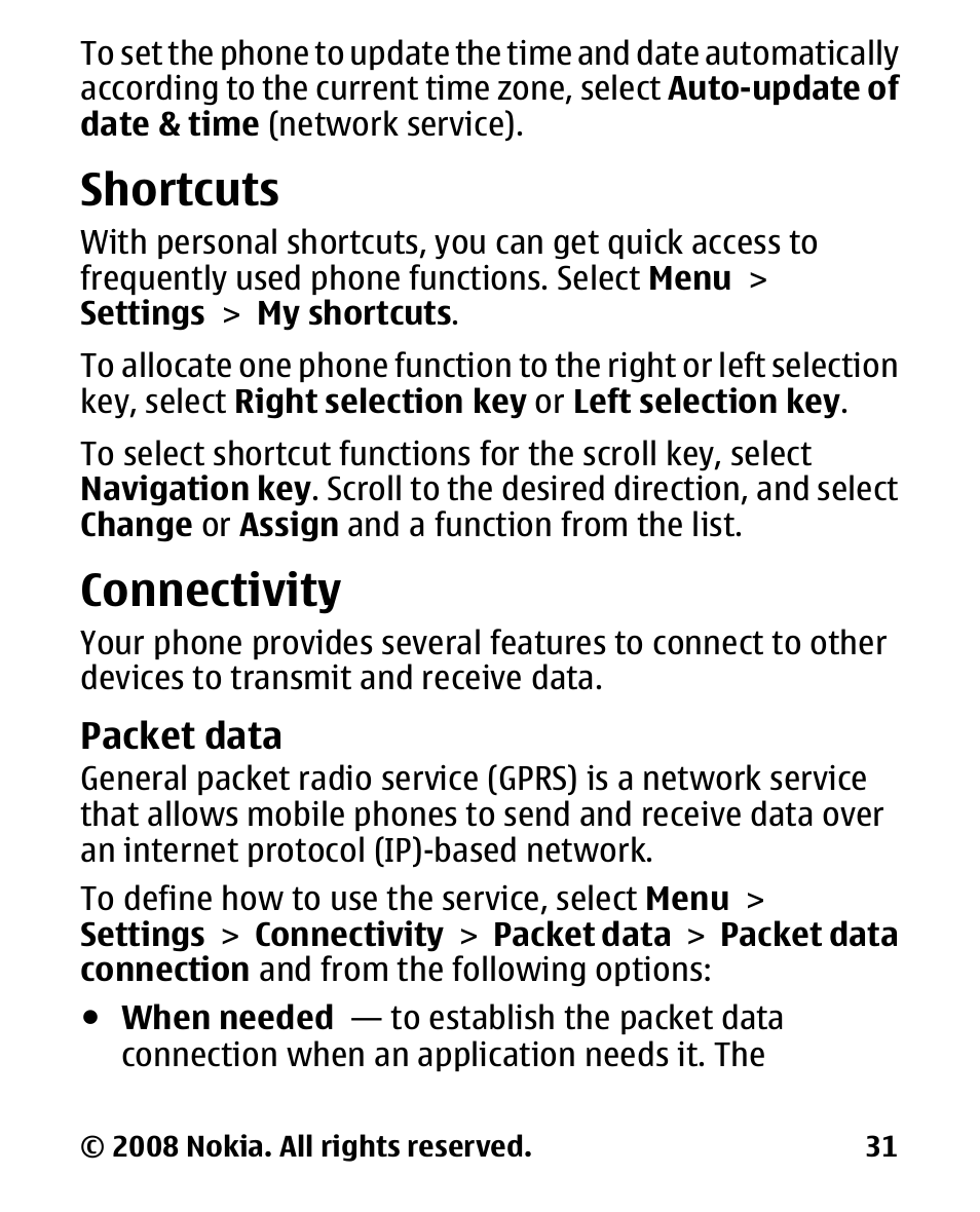 Shortcuts, Connectivity, Packet data | Nokia 1680 User Manual | Page 32 / 62