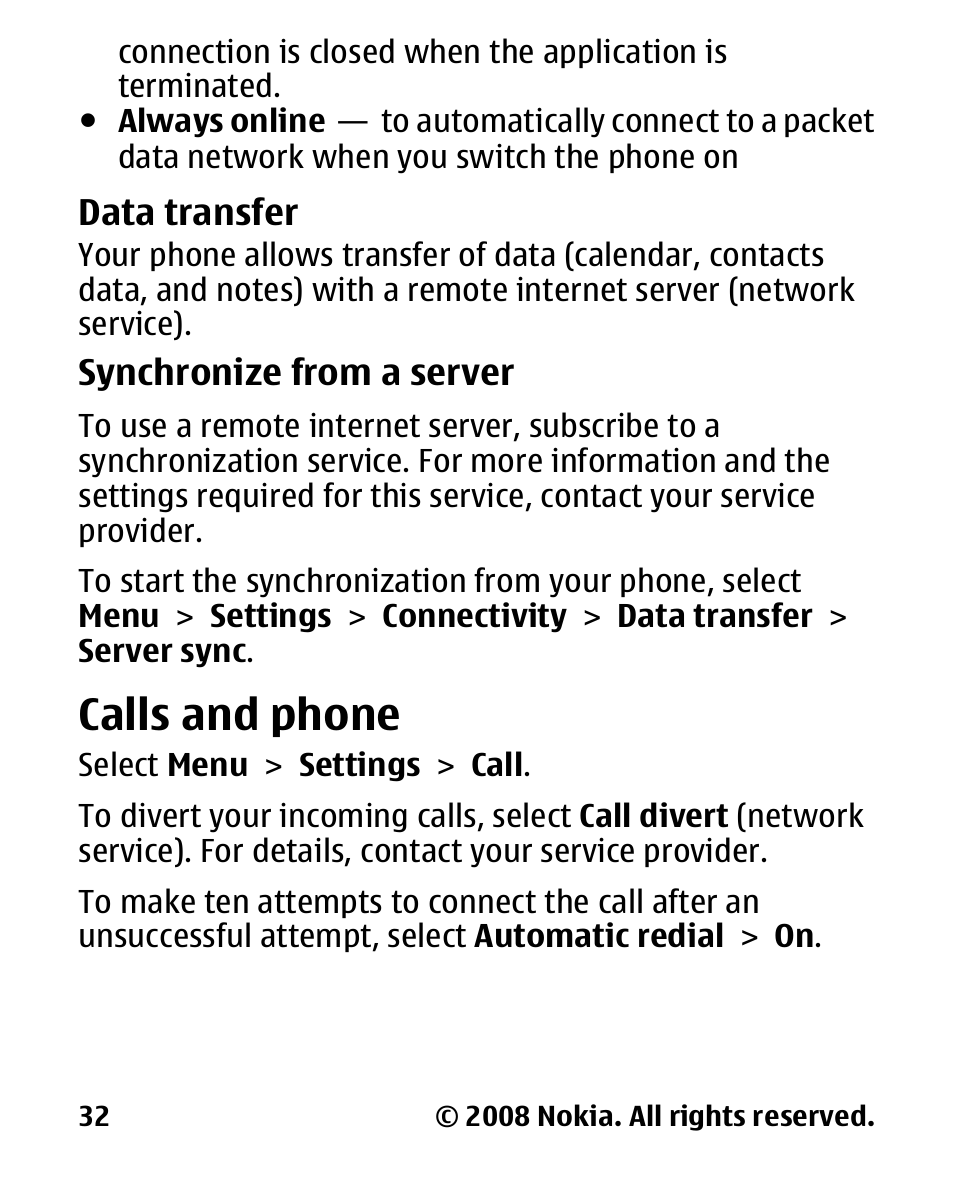 Data transfer, Calls and phone | Nokia 1680 User Manual | Page 33 / 62