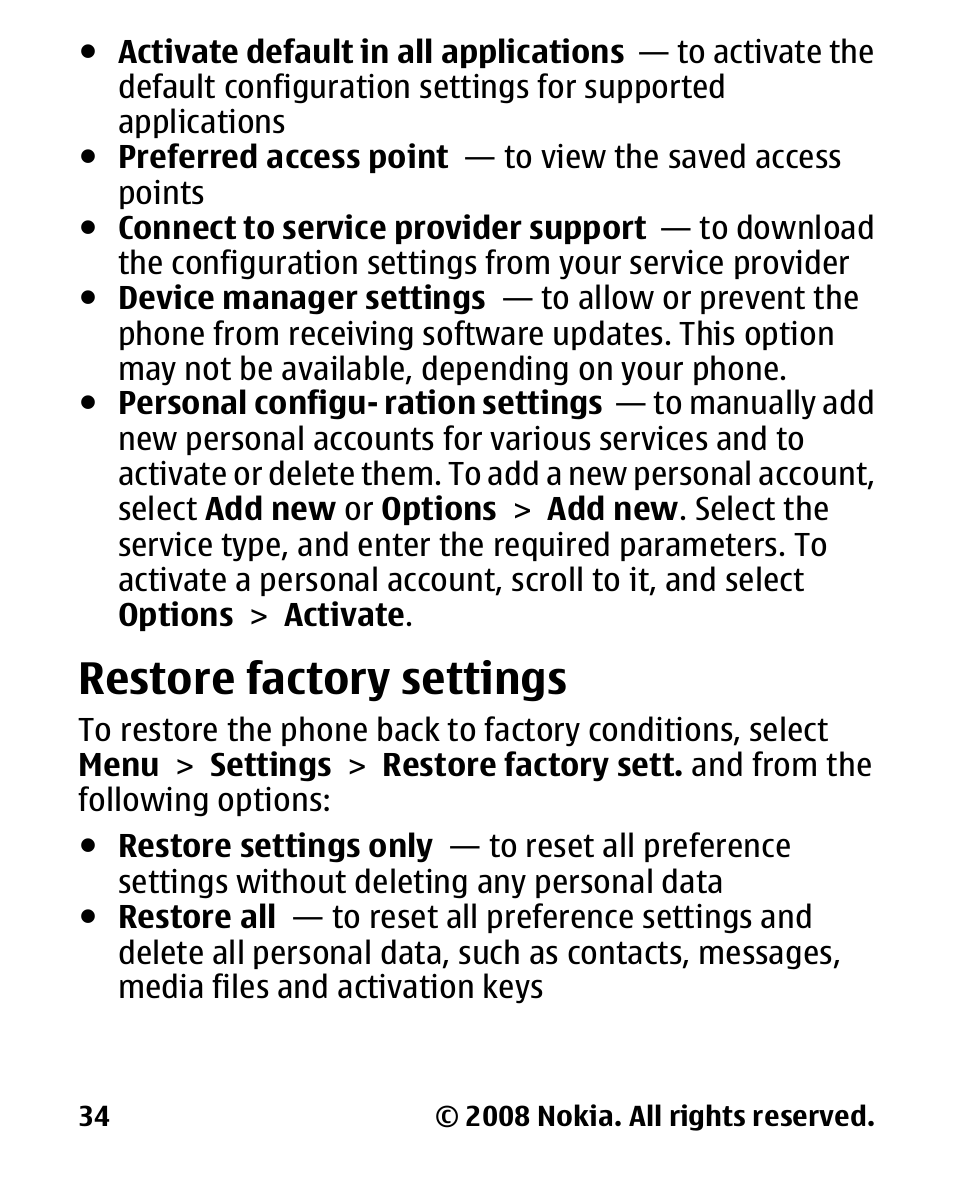 Restore factory settings, Restore factory, Settings | Nokia 1680 User Manual | Page 35 / 62