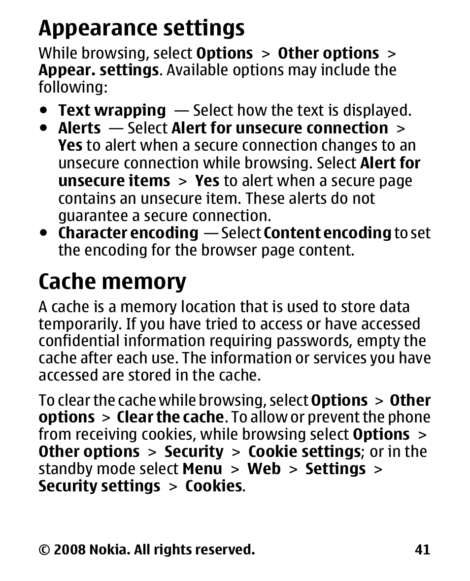 Appearance settings, Cache memory | Nokia 1680 User Manual | Page 42 / 62