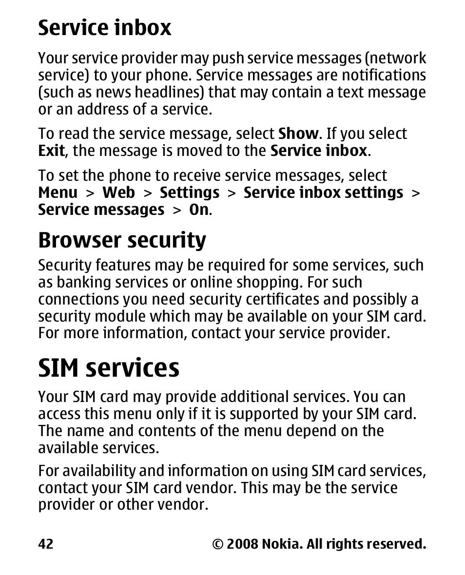 Service inbox, Browser security, Sim services | Nokia 1680 User Manual | Page 43 / 62