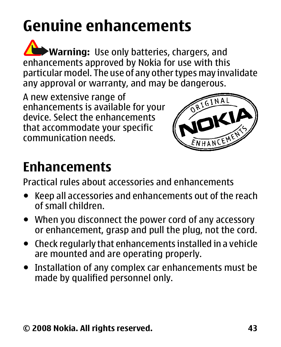 Genuine enhancements, Enhancements, Genuine | Nokia 1680 User Manual | Page 44 / 62