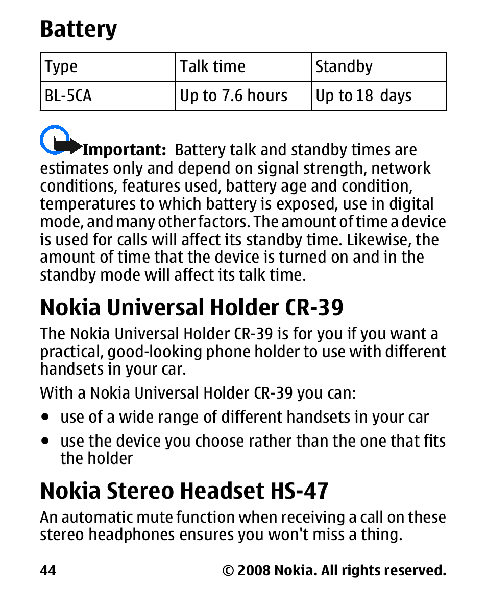 Battery, Nokia universal holder cr-39, Nokia stereo headset hs-47 | Nokia universal holder, Cr-39, Nokia stereo headset, Hs-47 | Nokia 1680 User Manual | Page 45 / 62