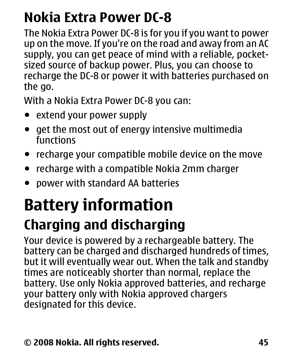 Nokia extra power dc-8, Battery information, Charging and discharging | Nokia extra power, Battery, Charging and, Discharging, Dc-8, Information | Nokia 1680 User Manual | Page 46 / 62