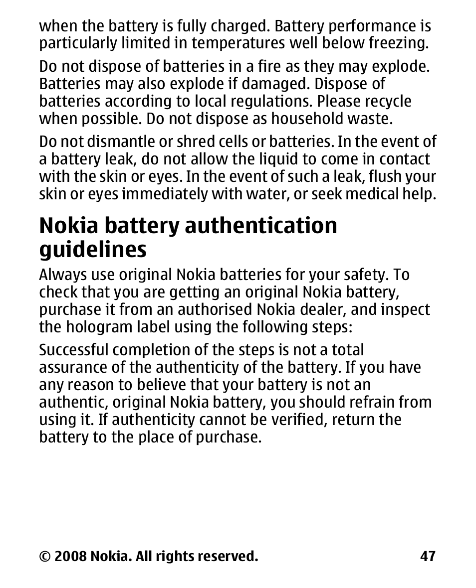 Nokia battery authentication guidelines, Nokia battery, Authentication | Guidelines | Nokia 1680 User Manual | Page 48 / 62