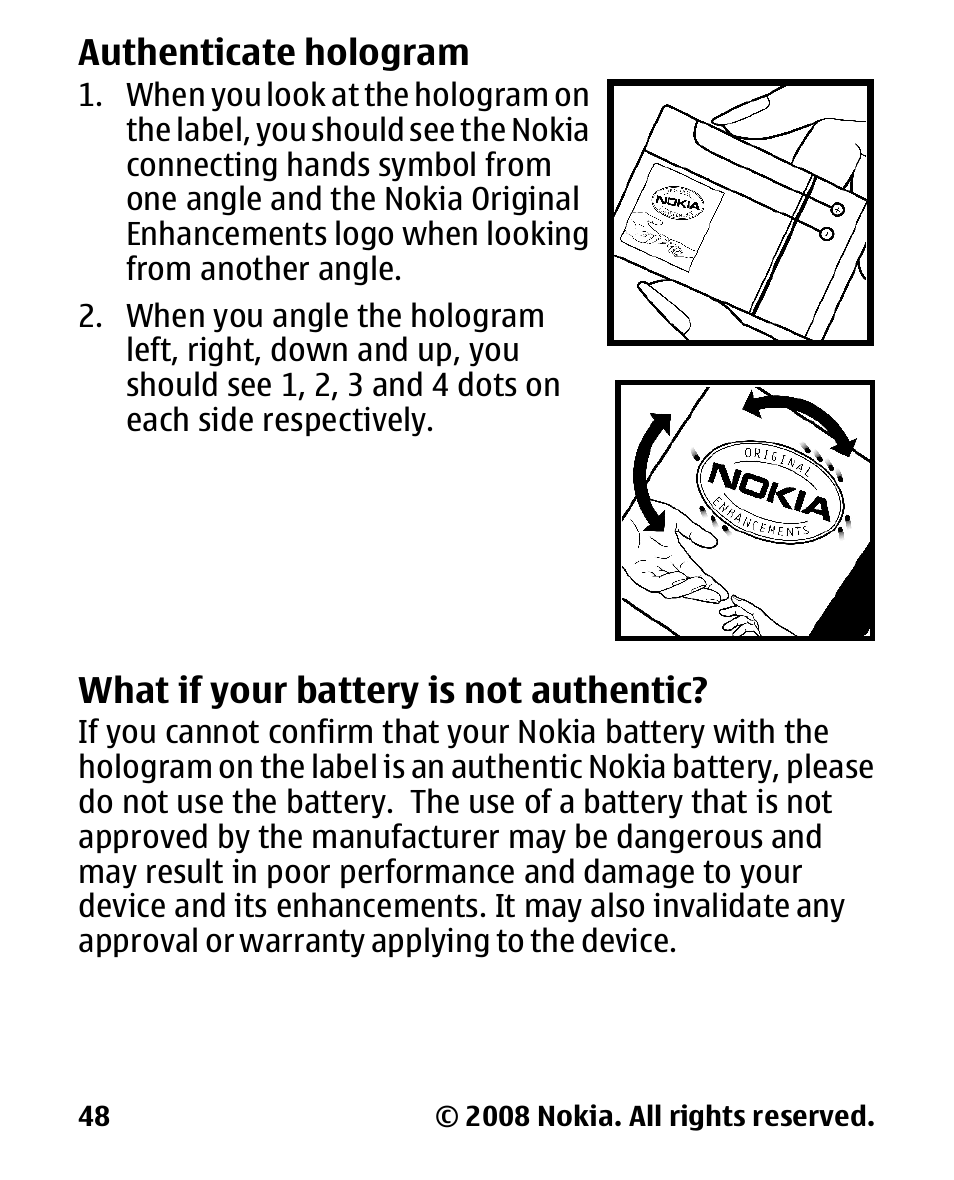 Authenticate hologram, What if your battery is not authentic, Authenticate | What if your battery is, Not authentic, Hologram | Nokia 1680 User Manual | Page 49 / 62