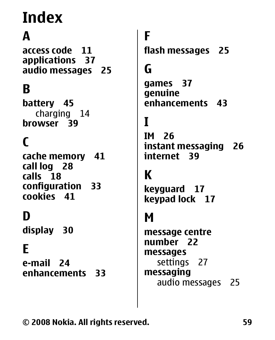 Index | Nokia 1680 User Manual | Page 60 / 62