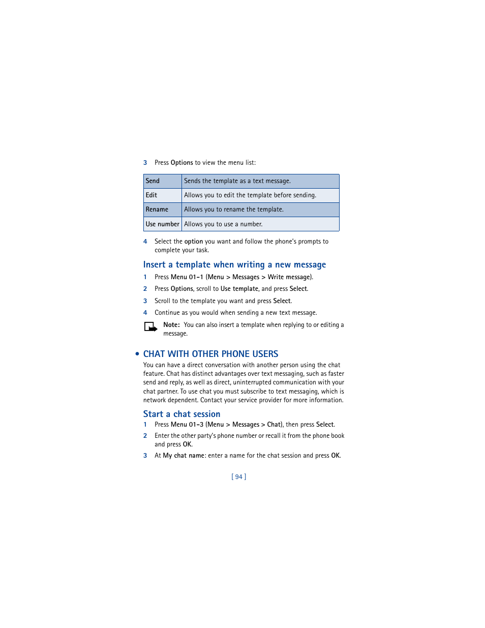 3 press options to view the menu list, Insert a template when writing a new message, 3 scroll to the template you want and press select | Chat with other phone users, Start a chat session | Nokia 3361 User Manual | Page 103 / 174