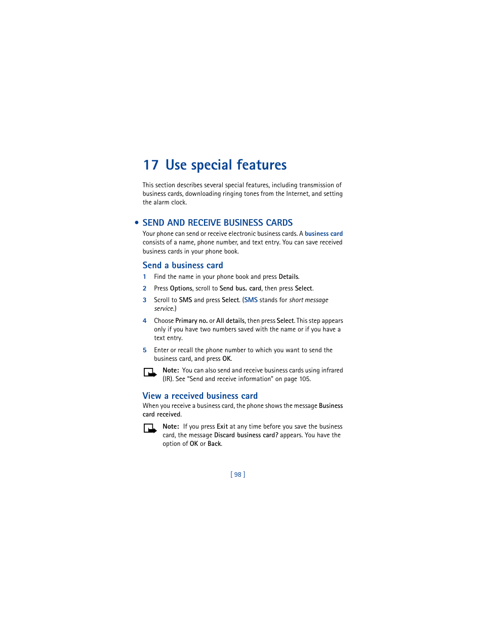 17 use special features, Send and receive business cards, Send a business card | View a received business card | Nokia 3361 User Manual | Page 107 / 174