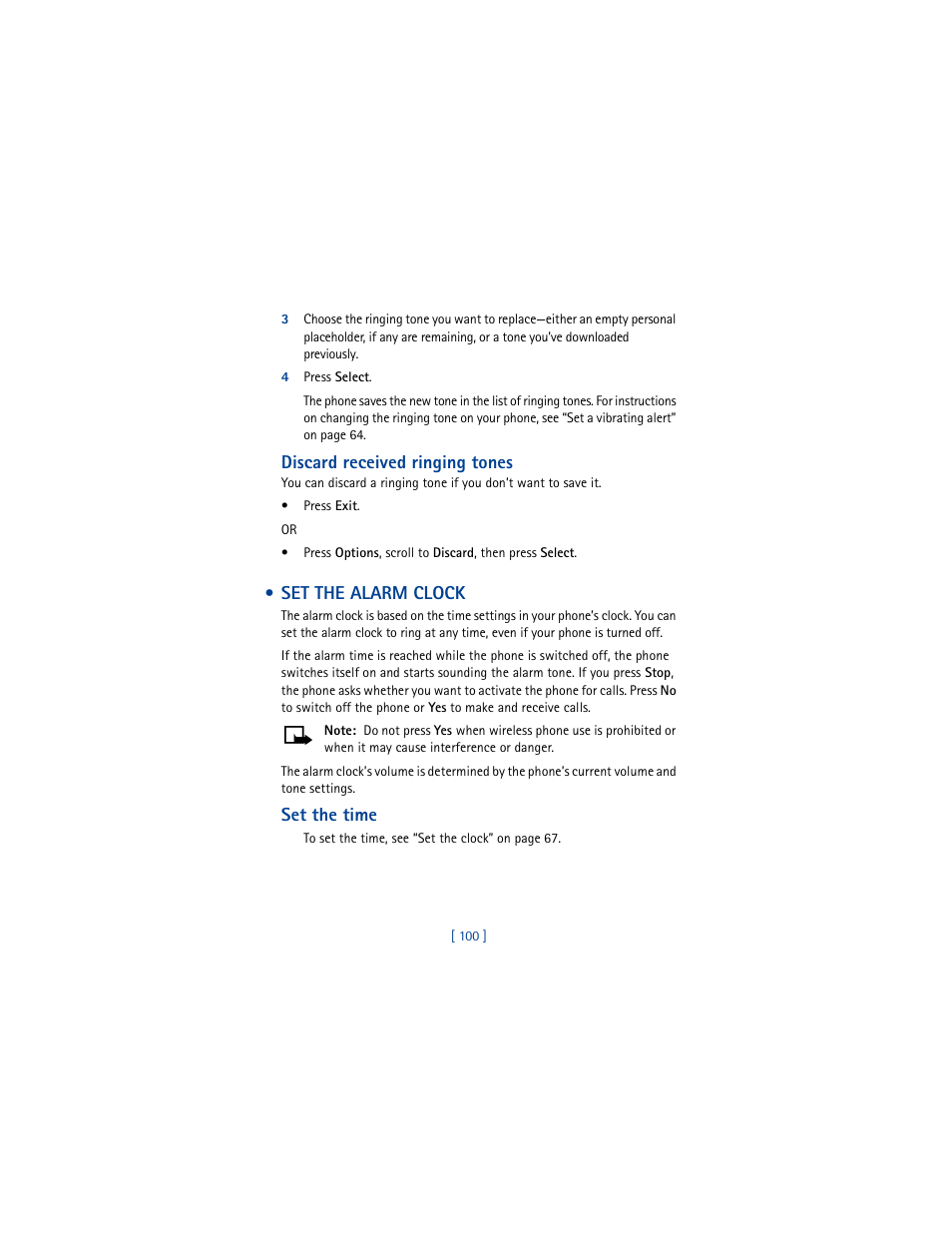 4 press select, Discard received ringing tones, Set the alarm clock | Set the time | Nokia 3361 User Manual | Page 109 / 174