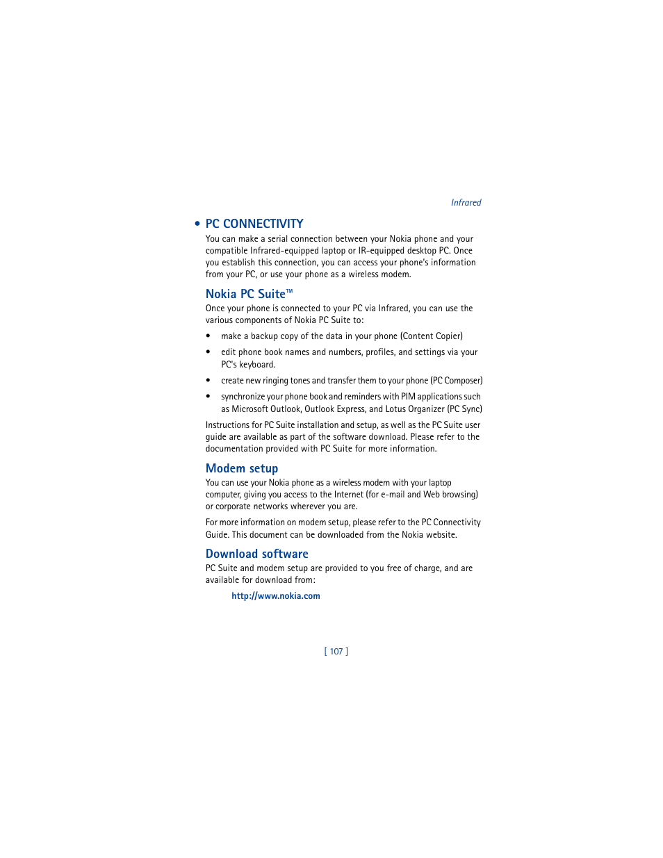 Pc connectivity, Nokia pc suite, Modem setup | Download software | Nokia 3361 User Manual | Page 116 / 174